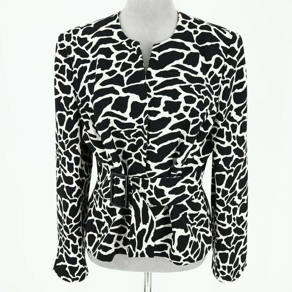 Liz Claiborne Jacket Petites 14P Black White Animal Print Attached Belt Lined - Picture 1 of 16